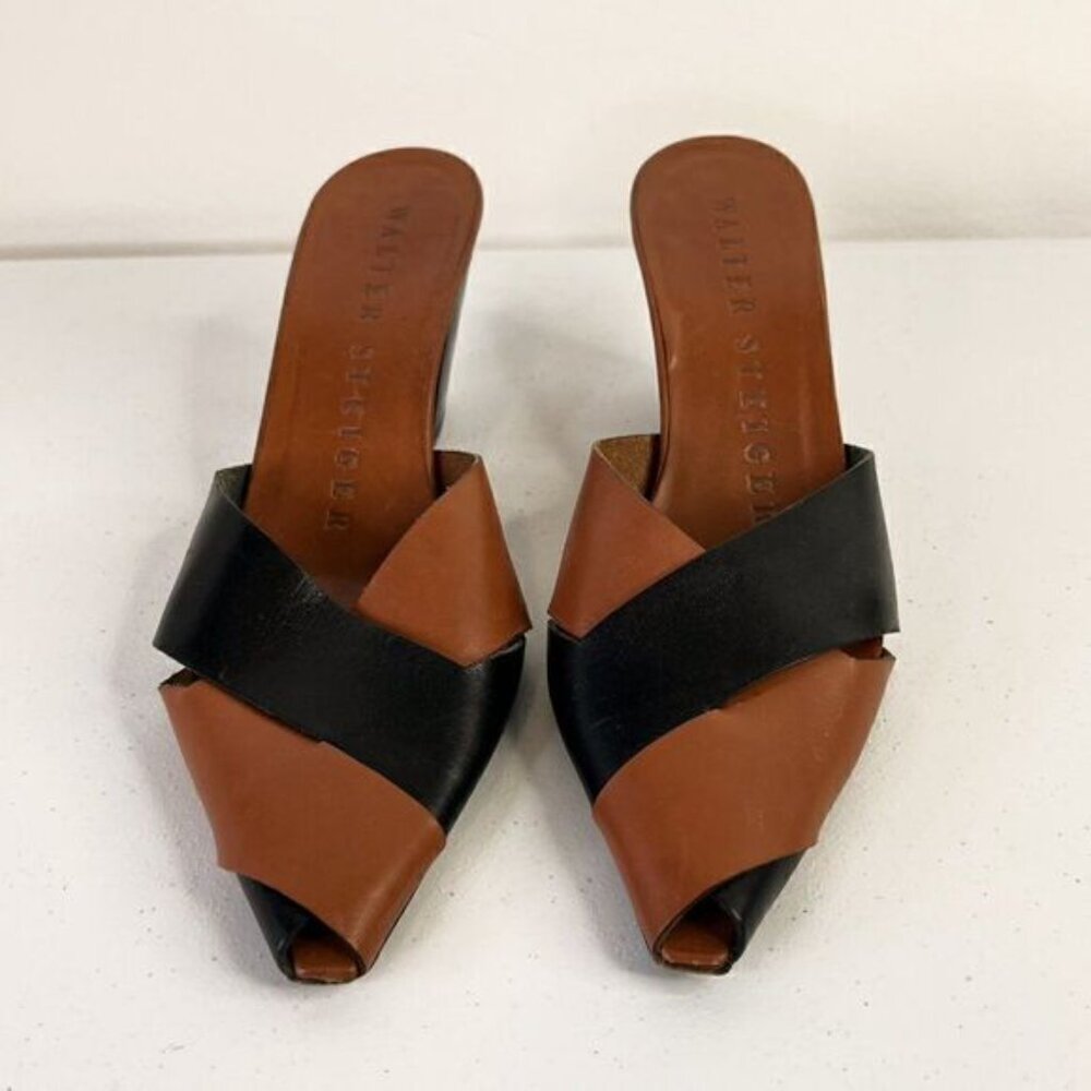Walter Steiger Brown & Black Leather Block Heel Pointed Toe Sandals - Picture 2 of 5